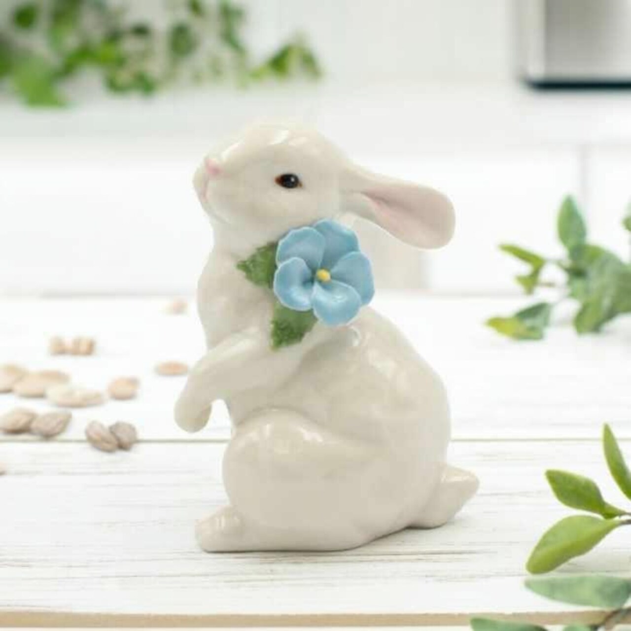 Ceramic White Rabbit with Blue Pansy Flower Figurine, Home Décor, Gift for Her, Gift for Mom, Kitchen Décor, Spring Décor, Easter Décor